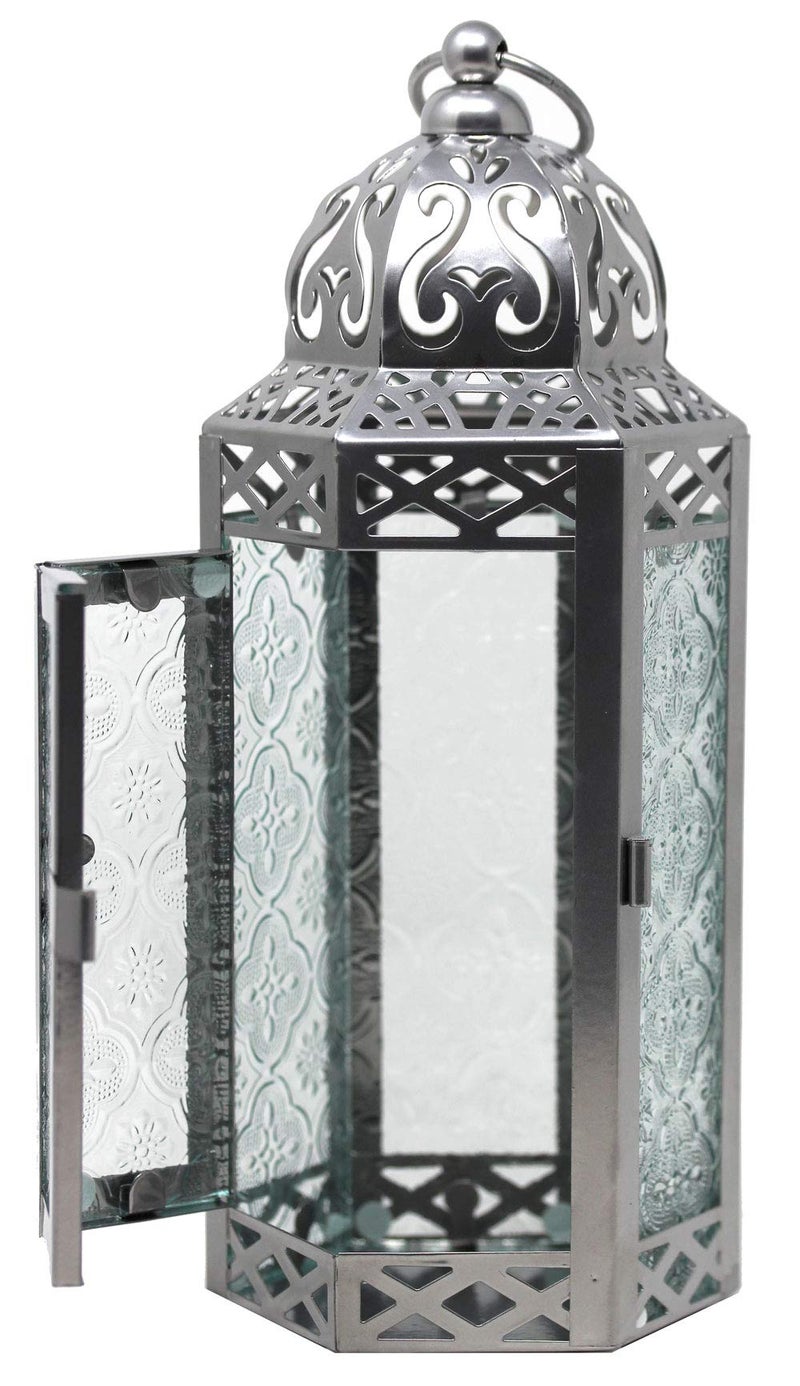 VELA LANTERNS 10.5" Moroccan Candle Lantern Decorative Candle Holder Lamp for Table or Hanging, Ramadan Decorations, Indoor Home Decor, Outdoor Patio or Porch, Silver Metal, Clear Glass, Medium - Image 4